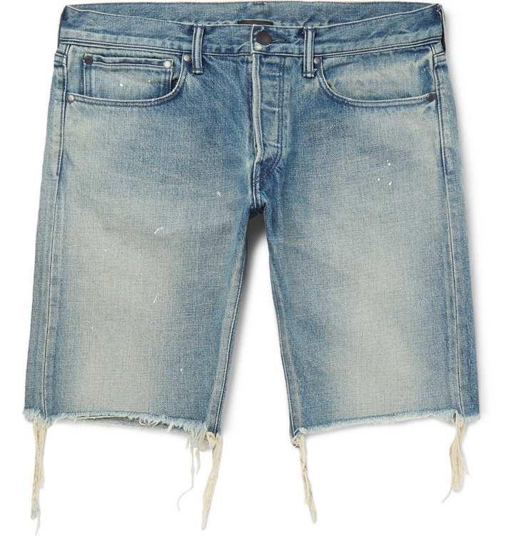 Photo: John Elliott - The Cast 2 Slim-Fit Distressed Selvedge Denim Shorts - Light denim