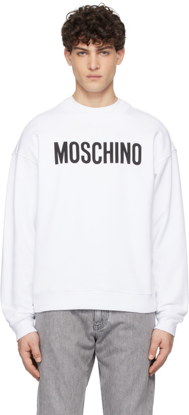 Photo: Moschino White 'Moschino' Institutional Sweatshirt