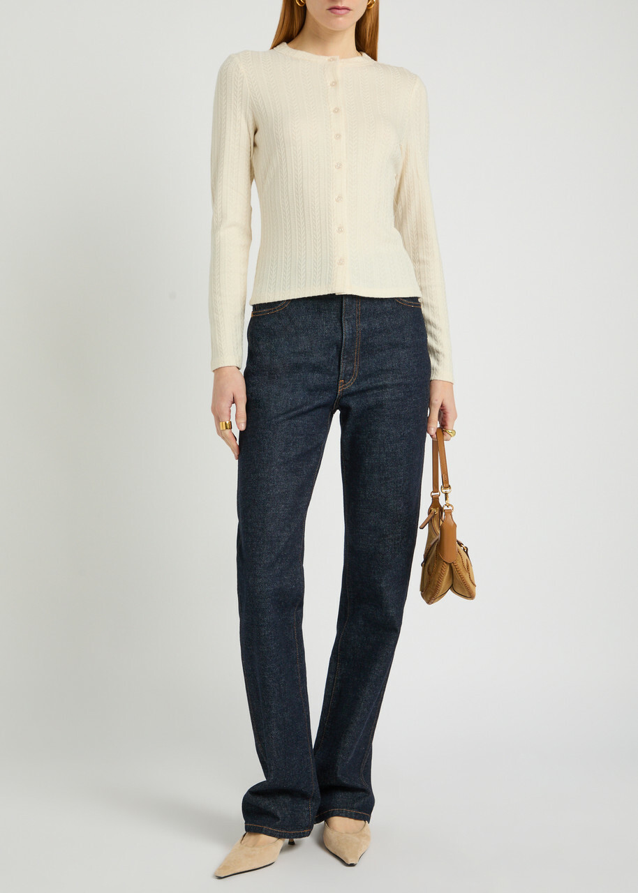 Veronica Beard Lira Pointelle Stretch-knit Cardigan Ecru