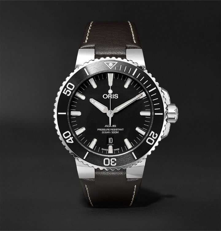 Photo: Oris - Aquis 43mm Stainless Steel and Leather Watch - Men - Black