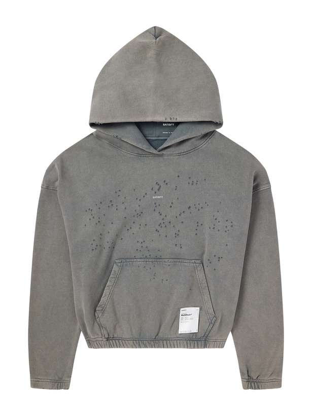 Photo: Satisfy - Logo-Print Distressed Cotton-Jersey Hoodie - Gray