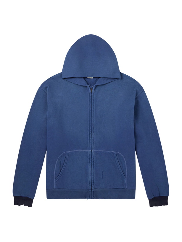 Photo: A.PRESSE - Distressed Cotton-Jersey Zip-Up Hoodie - Blue