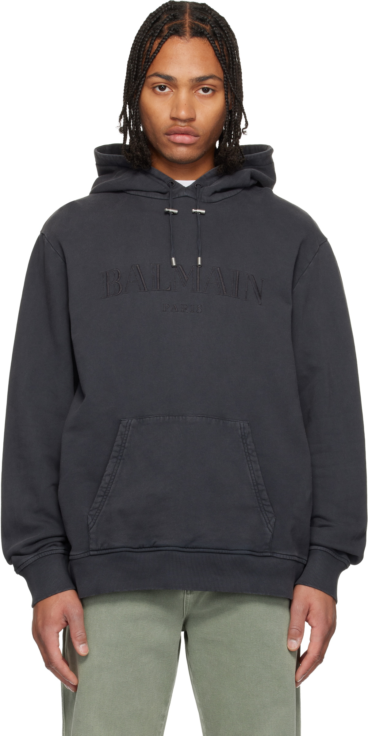 Balmain Gray Vintage 'Balmain' Embroidered Hoodie
