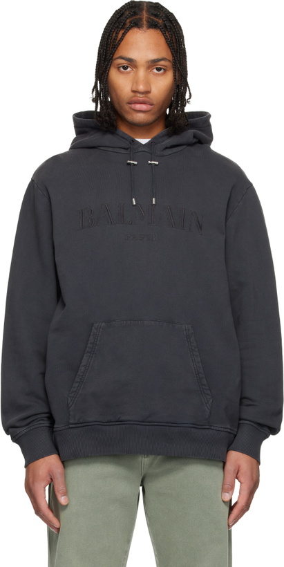 Photo: Balmain Gray Vintage 'Balmain' Embroidered Hoodie