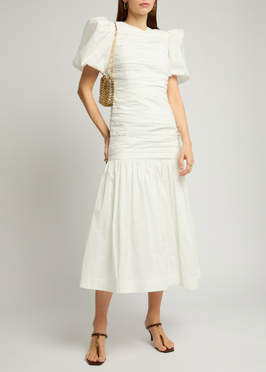 DE LA Vali Mencia Ruched Cotton Midi Dress White