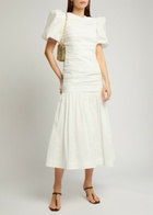 DE LA Vali Mencia Ruched Cotton Midi Dress White