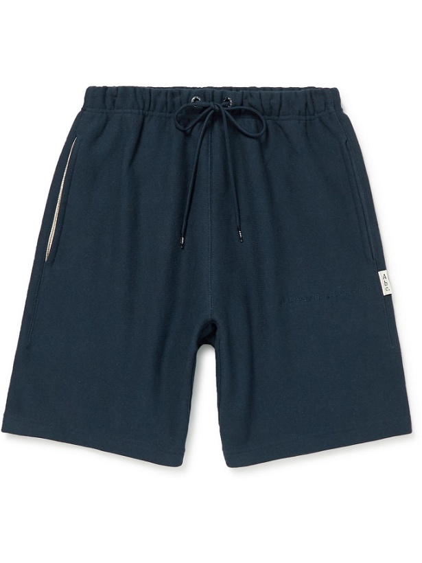 Photo: Abc. 123. - Straight-Leg Webbing-Trimmed Logo-Embroidered Cotton-Blend Jersey Drawstring Shorts - Blue