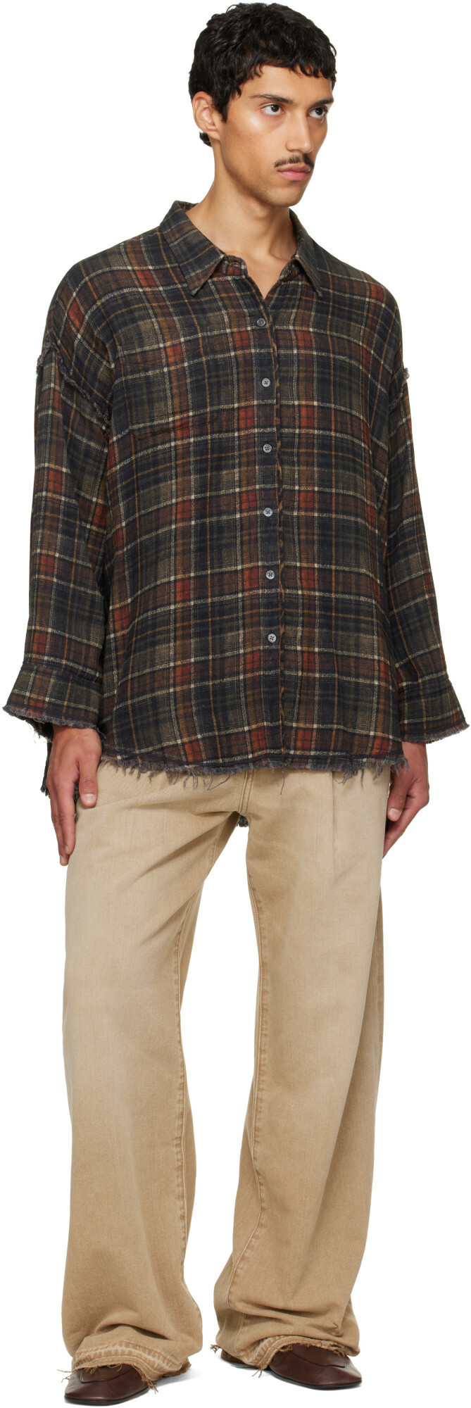 R13 Brown Shredded Seam Drop Neck Reversible Shirt