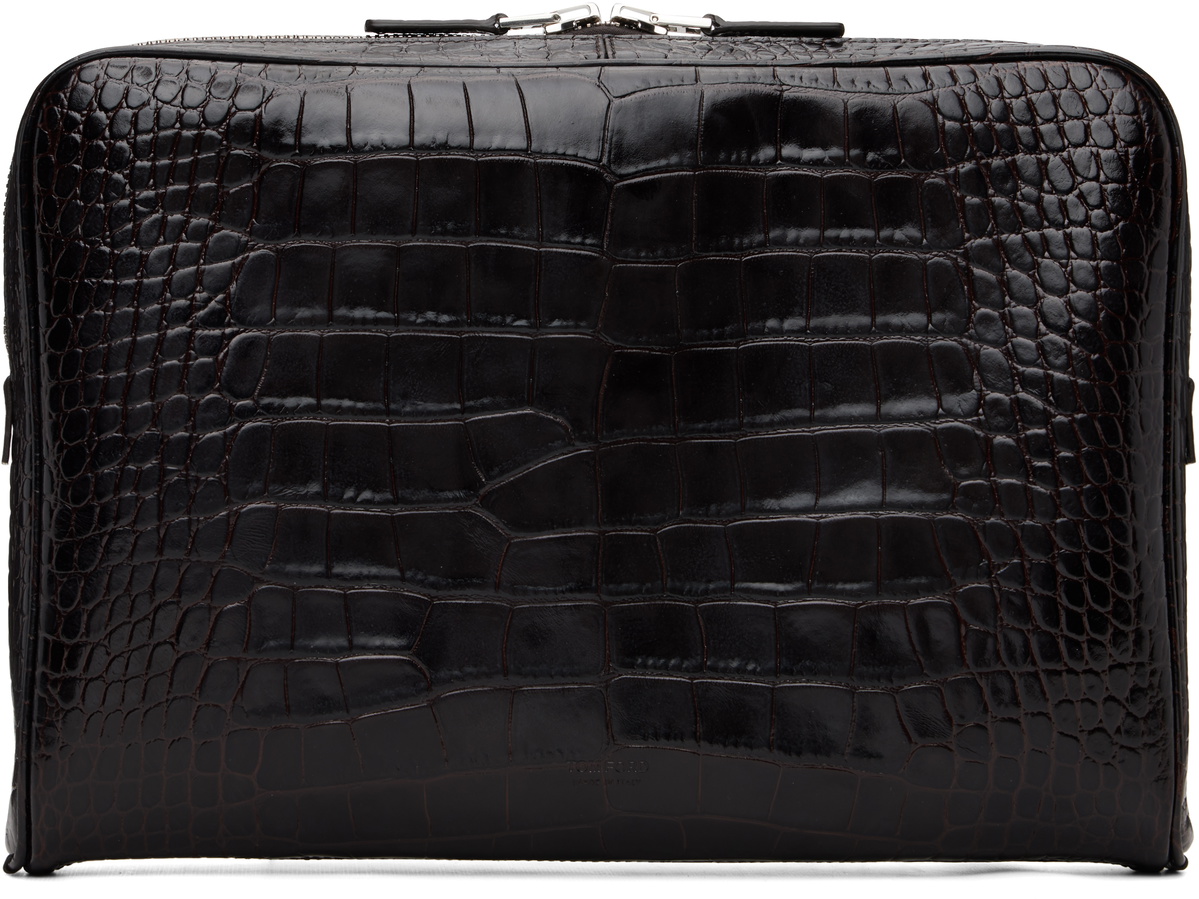 TOM FORD Brown Shiny Printed Croc Minimal Laptop Pouch