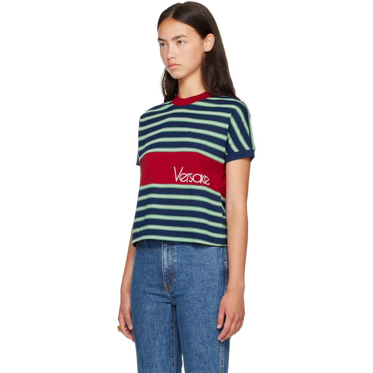 Versace Blue & Red Embroidered-Logo Striped-Intarsia Cotton T-shirt