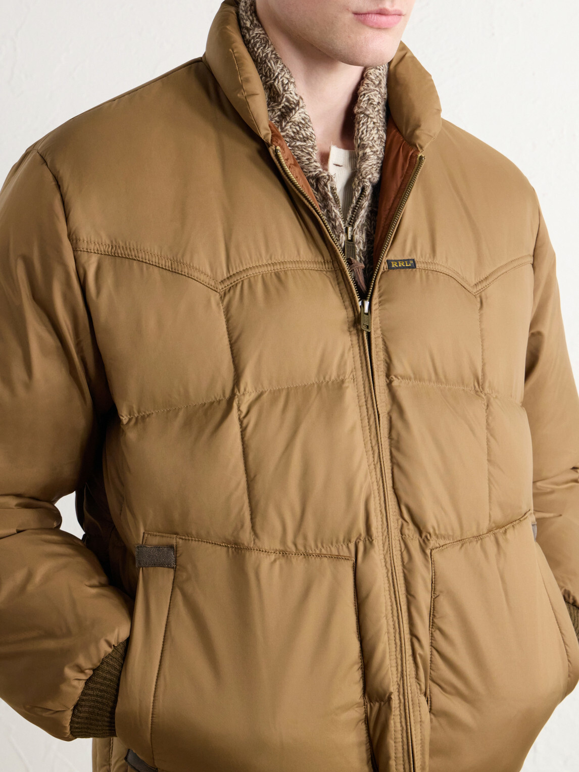 RRL - Leather-Trimmed Quilted Shell Padded Bomber Jacket - Brown
