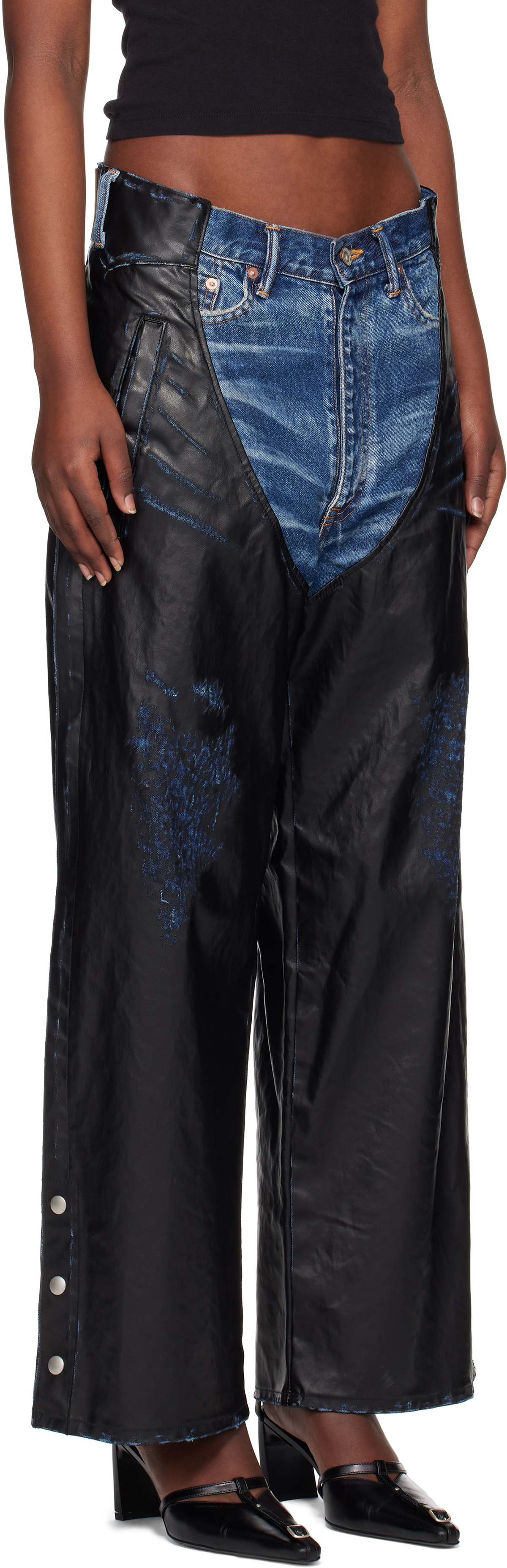 doublet Blue & Black Faux-Leather Coating Chaps Jeans