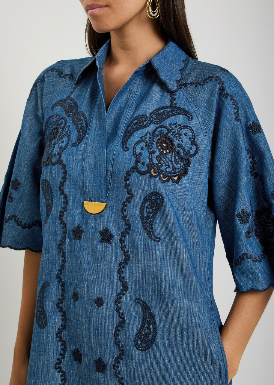 Zimmermann Aster Embroidered Denim Midi Dress Blue