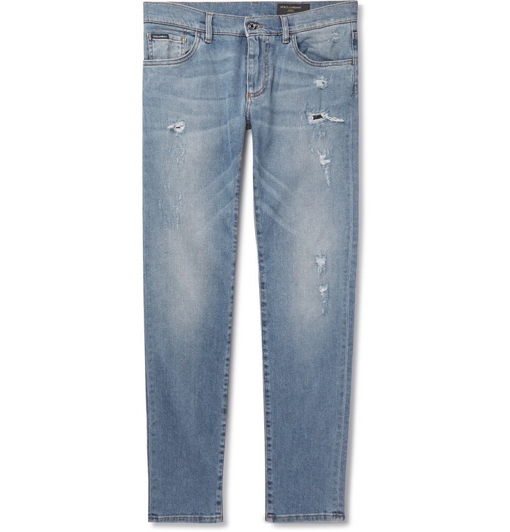 Photo: Dolce & Gabbana - Slim-Fit Distressed Stretch-Denim Jeans - Men - Light blue