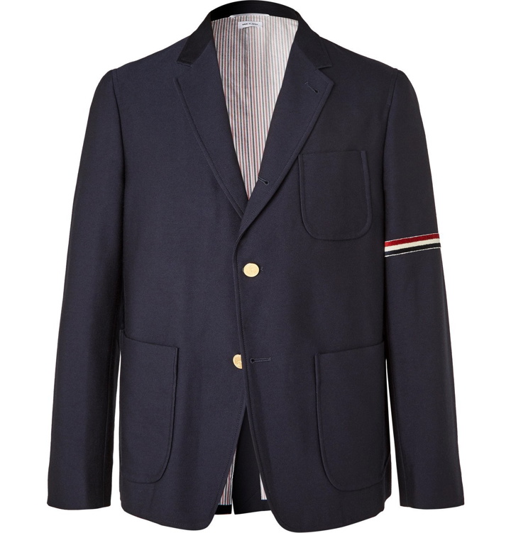 Photo: Thom Browne - Striped Velvet-Trimmed Unstructured Wool and Cotton-Blend Blazer - Blue