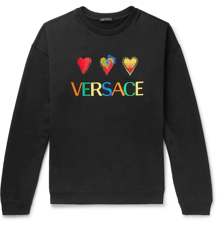 Photo: Versace - Logo-Embroidered Fleece-Back Cotton-Jersey Sweatshirt - Black