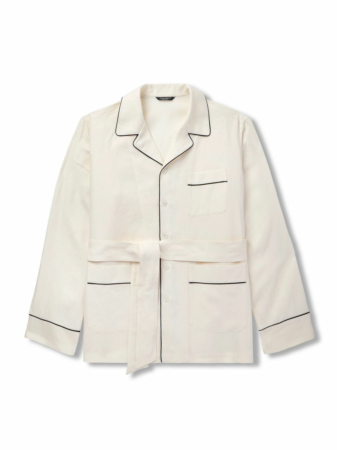 Dolce&Gabbana - Camp-Collar Belted Piped Linen and Silk-Blend Overshirt - Neutrals
