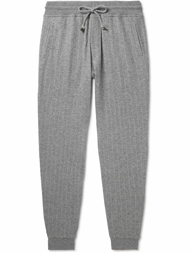 Photo: Brunello Cucinelli - Tapered Pinstriped Cashmere and Cotton-Blend Sweatpants - Gray