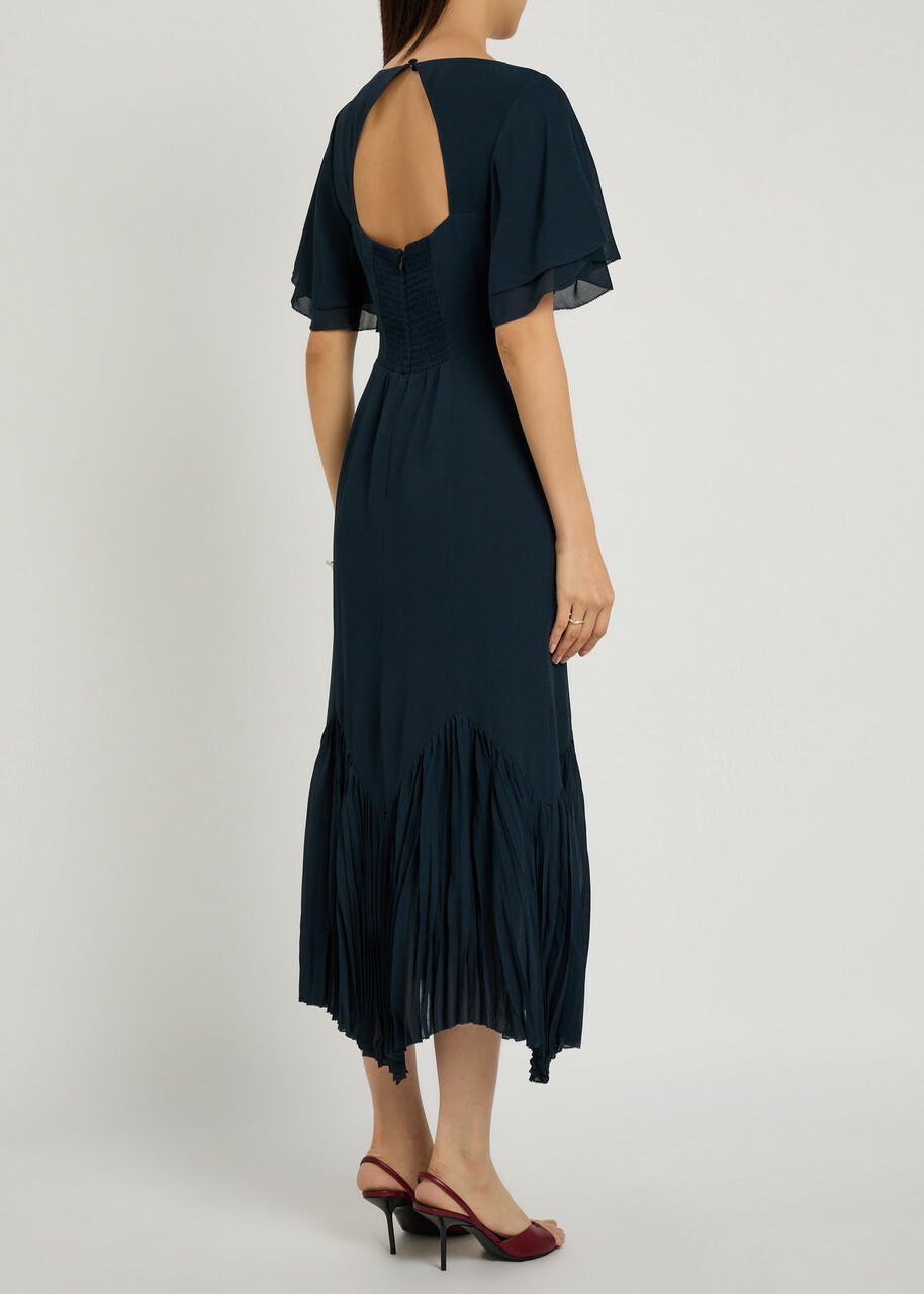 Reformation Salvia Flutter-sleeve Chiffon Midi Dress Navy