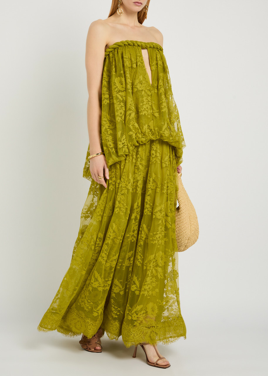 Zimmermann Luna Strapless Lace Gown Olive