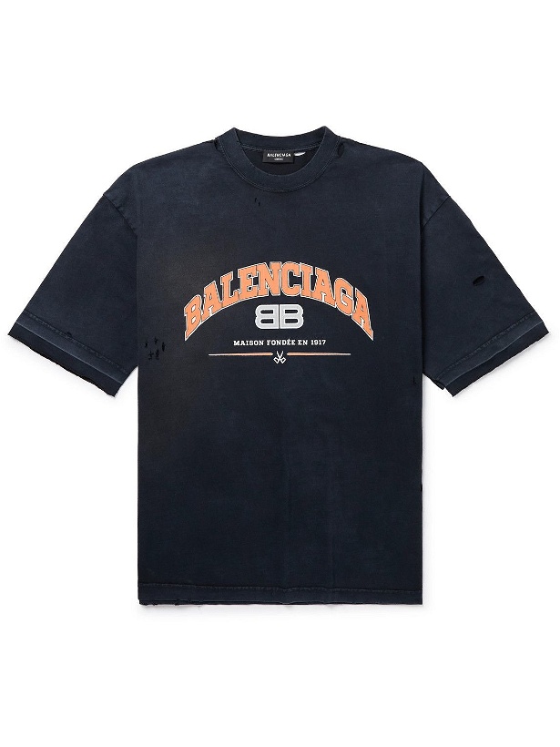 Photo: Balenciaga - Distressed Logo-Print Washed Cotton-Jersey T-Shirt - Black