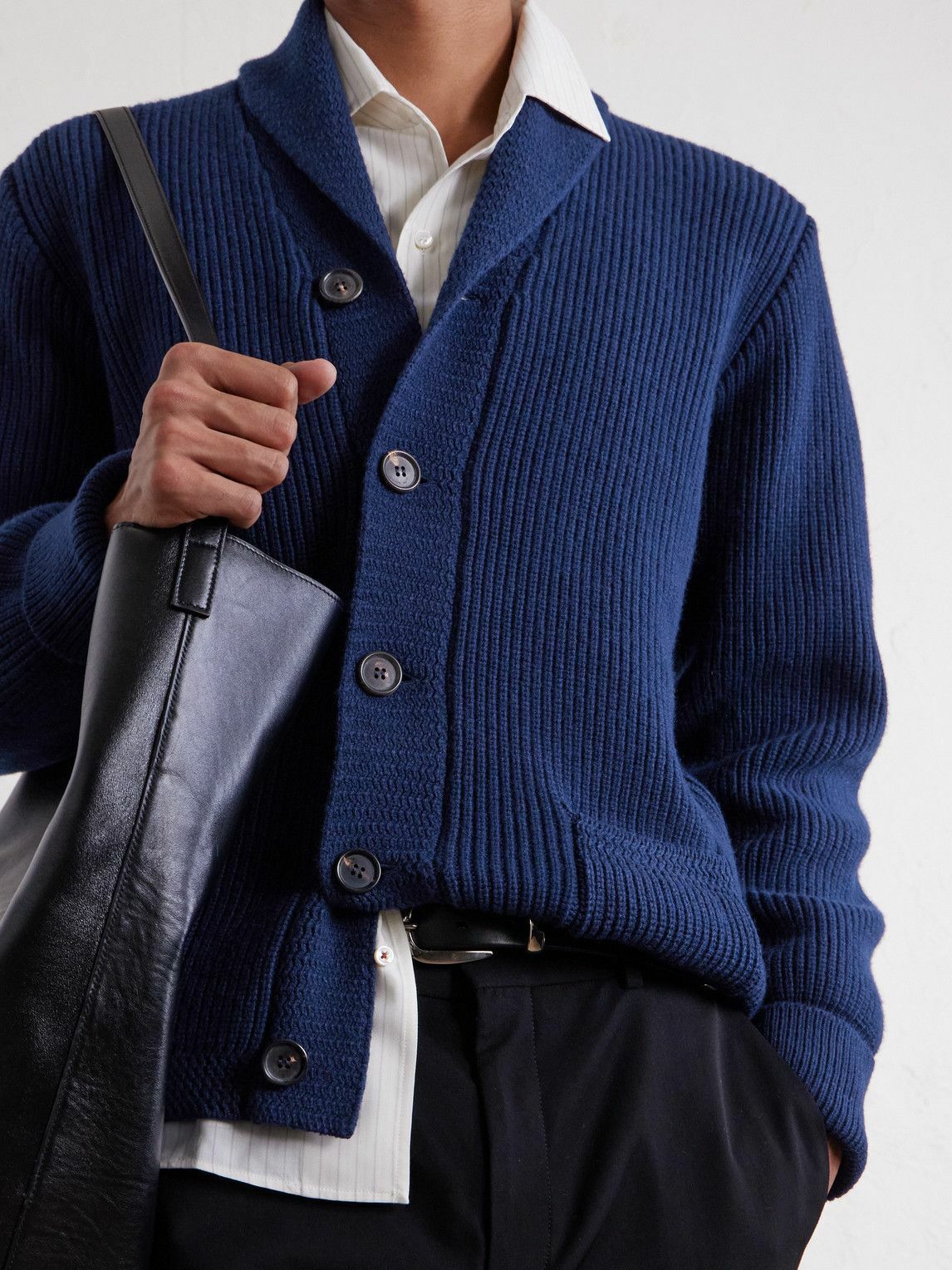 William Lockie - Duncan Shawl-Collar Ribbed Merino Wool and Cashmere-Blend Cardigan - Blue