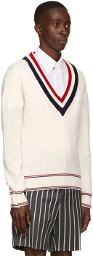 Thom Browne White Heritage Cable V-Neck Sweater