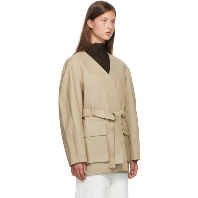 LOW CLASSIC Beige No Collar Faux-Leather Jacket Low Classic