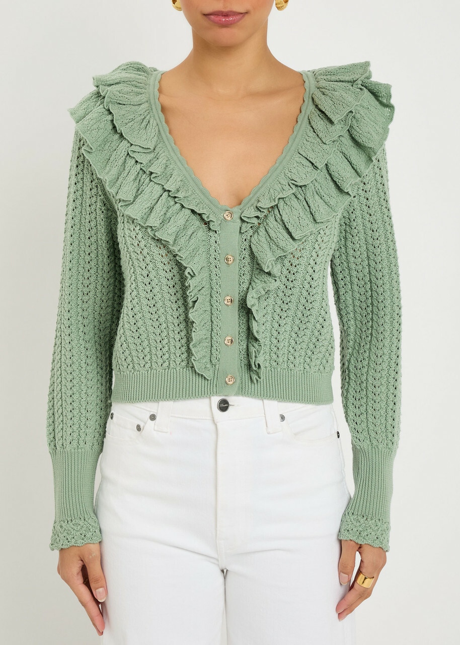 Alice + Olivia Eileen Ruffled Wool Cardigan Green