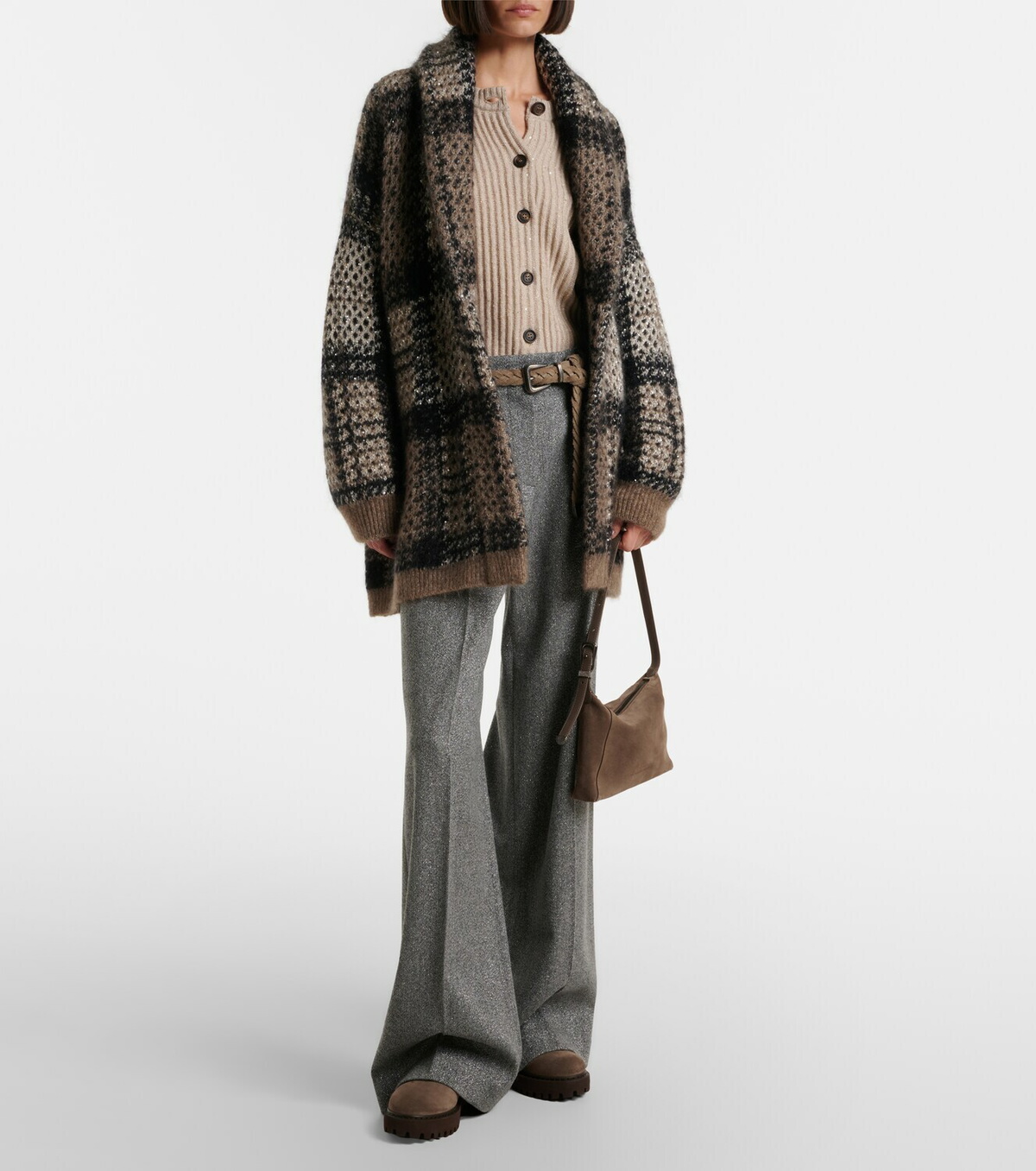 Brunello Cucinelli Monili herringbone wool-blend wide-leg pants
