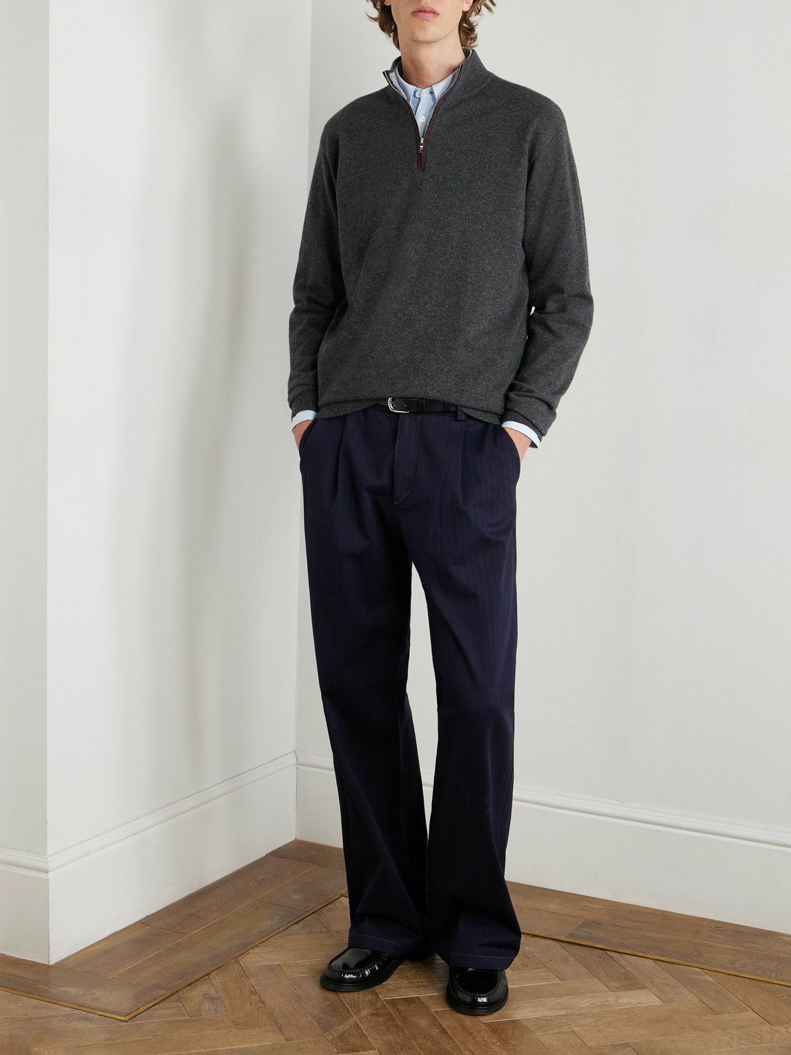 Peter Millar - Suede-Trimmed Cashmere Flex Half-Zip Sweater - Gray