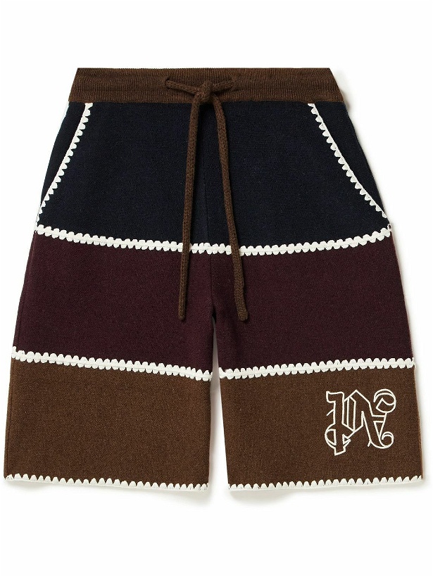 Photo: Palm Angels - Wide-Leg Logo-Embrodered Crochet-Trimmed Wool-Blend Drawstring Shorts - Burgundy