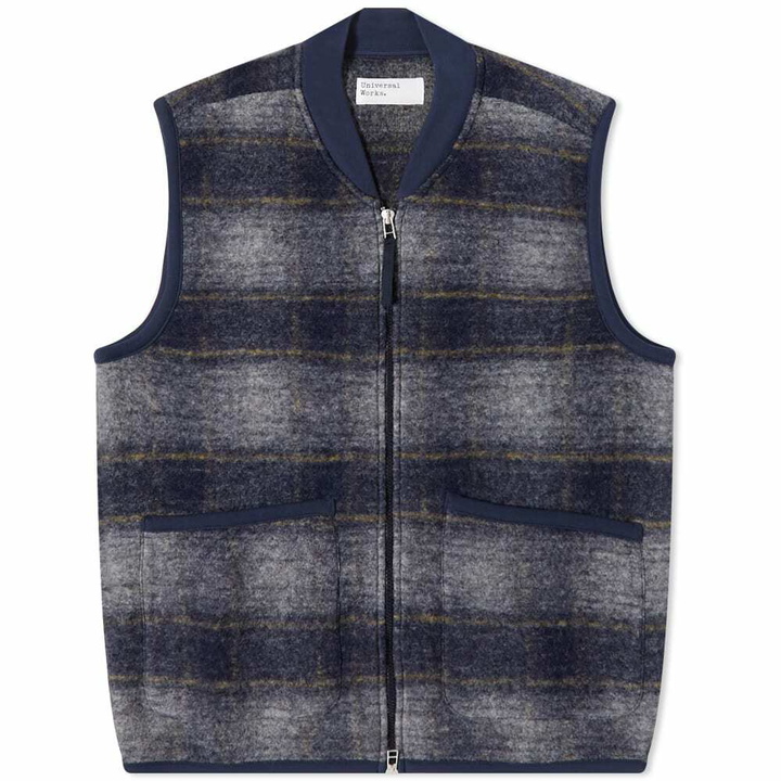 Photo: Universal Works Men's Check Wool Fleece Zip Waistcoat in Navy/Grey