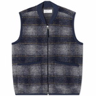 Universal Works Men's Check Wool Fleece Zip Waistcoat in Navy/Grey