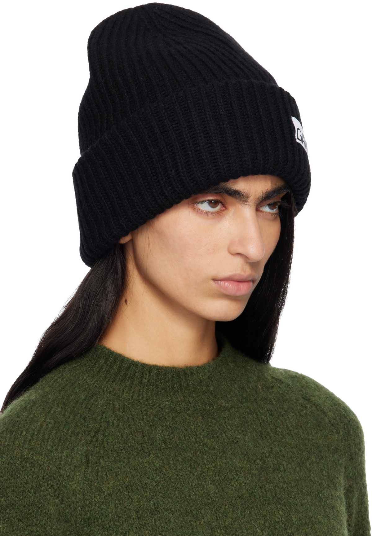 GANNI Black Oversized Wool Rib Knit Beanie