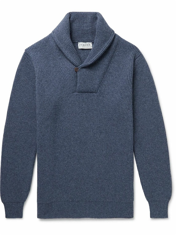Photo: Purdey - Shawl-Collar Ribbed Cashmere Sweater - Blue