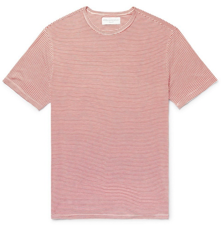 Photo: Officine Generale - Slim-Fit Striped Cotton-Jersey T-Shirt - Tomato red
