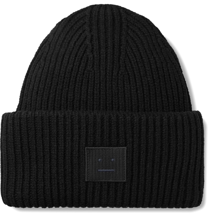 Photo: Acne Studios - Pansy Logo-Appliquéd Ribbed Mélange Wool Beanie - Black