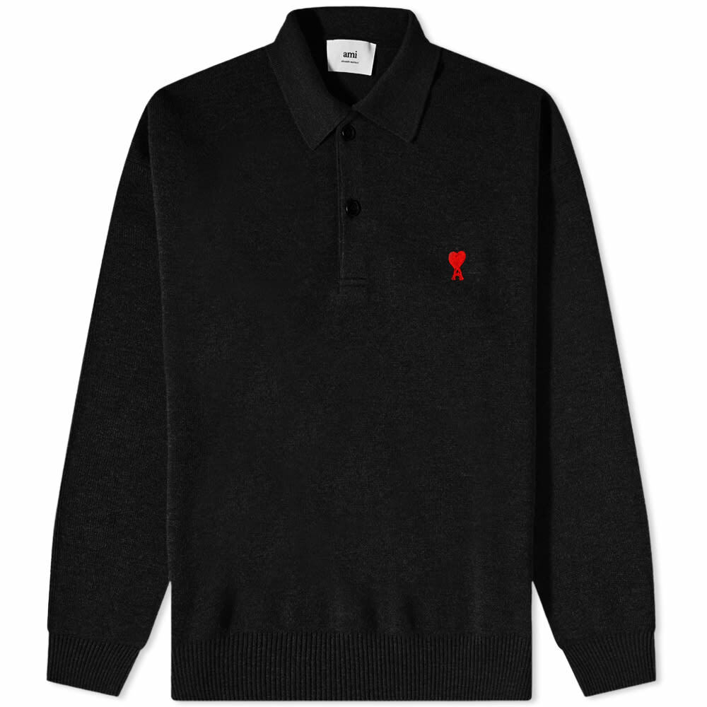 Tシャツ・カットソー Ami Men's Small Heart Logo Polo T-Shirt Black AMI Men's Long Sleeve Small A Heart Knit Polo Shirt in Black AMI