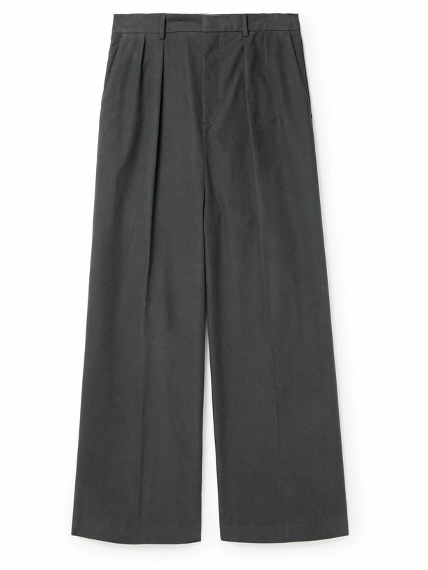 Photo: LOEWE - Straight-Leg Pleated Cotton-Blend Moleskin Trousers - Gray
