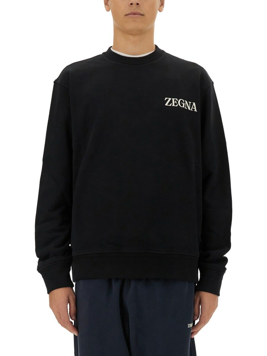 Tシャツ・カットソー ERMENEGILDO ZEGNA Men Hoodies N6MGI1830 001 Black Zegna - Logo-Embossed Cotton-Blend Jersey Sweatshirt - Black