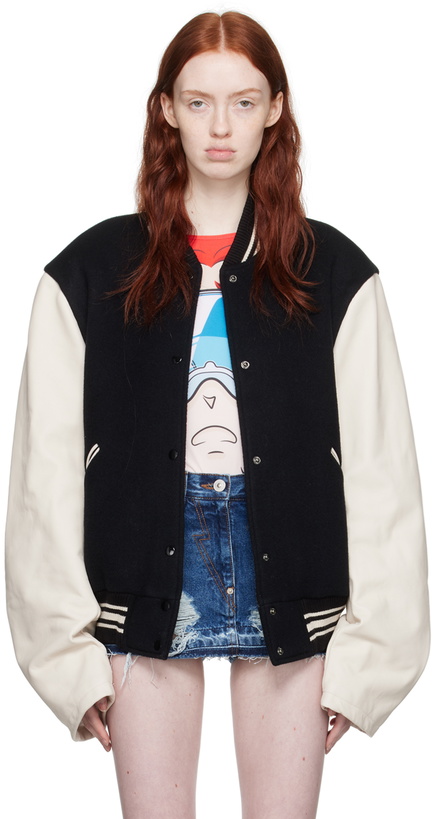 Photo: Pushbutton Black & White Leather Sleeve Bomber Jacket