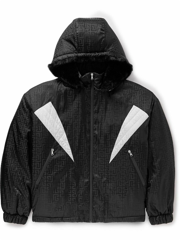Photo: Balmain - Faux Fur-Trimmed Padded Monogrammed Shell Hooded Jacket - Black