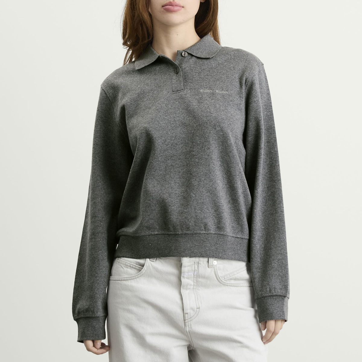 Samsøe Samsøe Women's Sadory Long Sleeve Polo Top in Mid Grey Melange