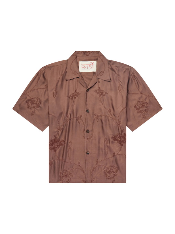 Photo: Kardo - Rohit Convertible-Collar Floral-Embroidered Silk-Satin Shirt - Brown