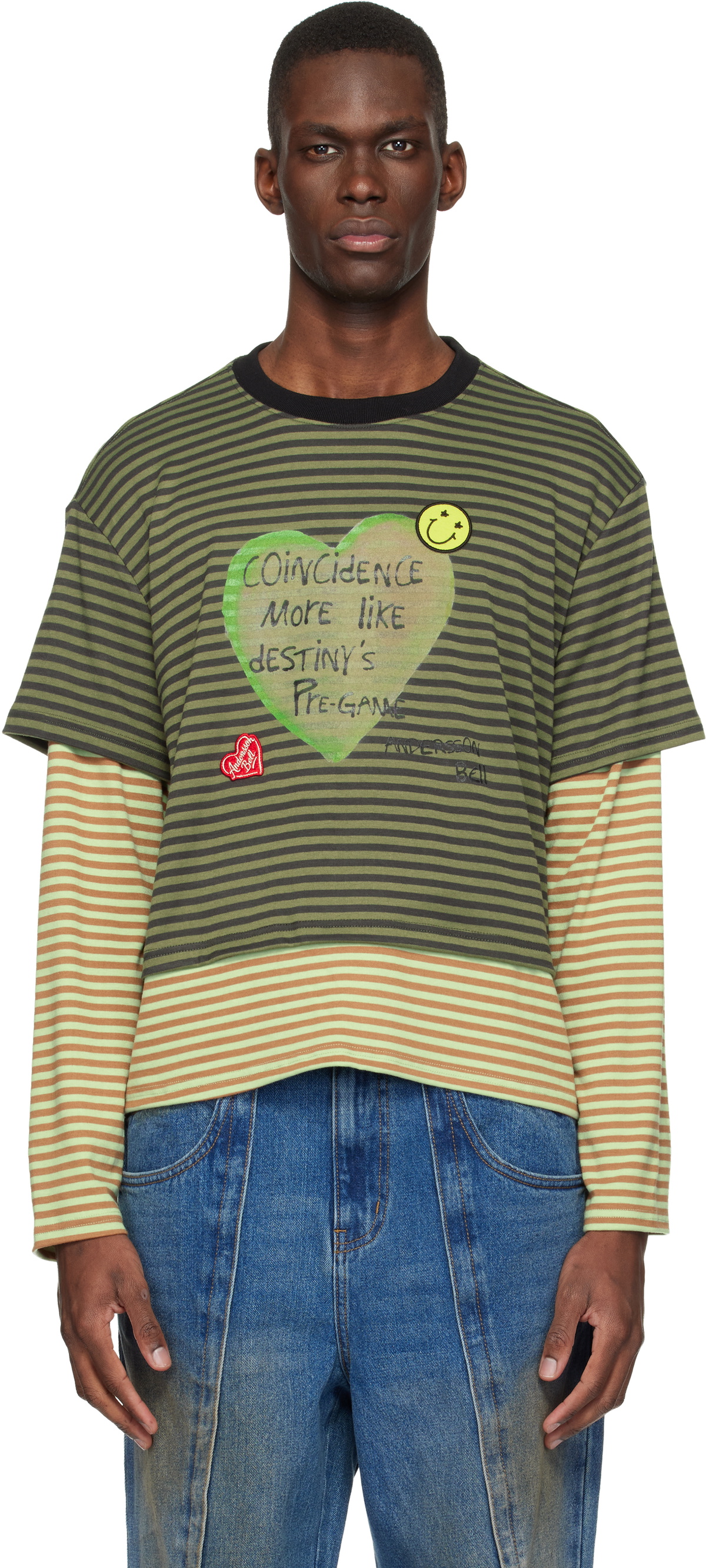 Andersson Bell Khaki Essential Heart Message Stripe Layered LS T-shirt