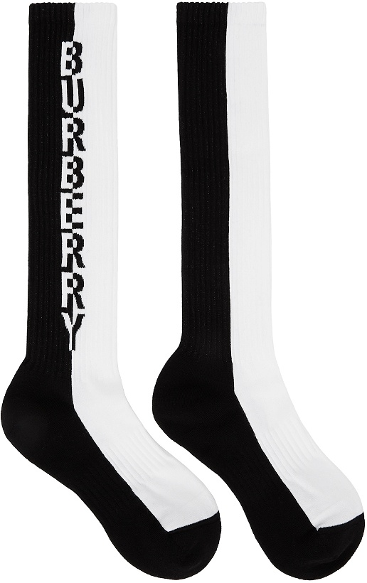 Photo: Burberry White & Black Two-Tone Intarsia Logo Knee-High Socks