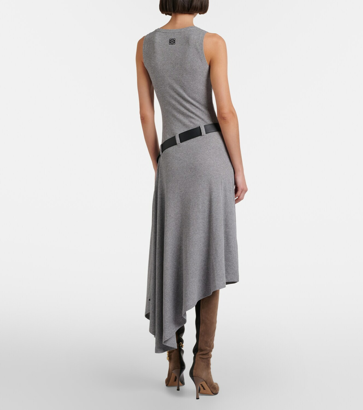 Loewe Belted ribbed-knit draped cotton-blend midi dress