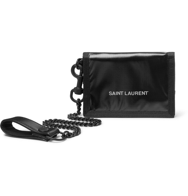 Photo: SAINT LAURENT - Chain-Embellished Logo-Print Glossed Nylon-Ripstop Trifold Wallet - Black