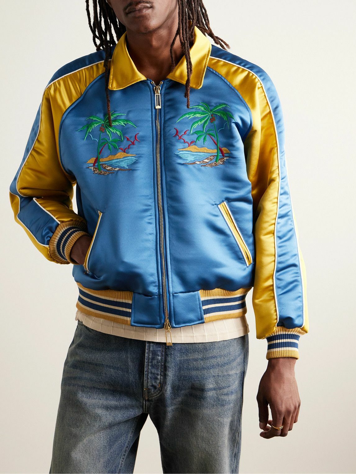 Rhude - Two-Tone Padded Logo-Embroidered Satin Bomber Jacket - Blue